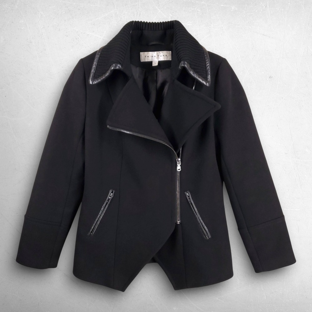 Trina Turk Wool Moto Jacket Women 10 Black Satin Lined Asymmetric Quiet Luxury